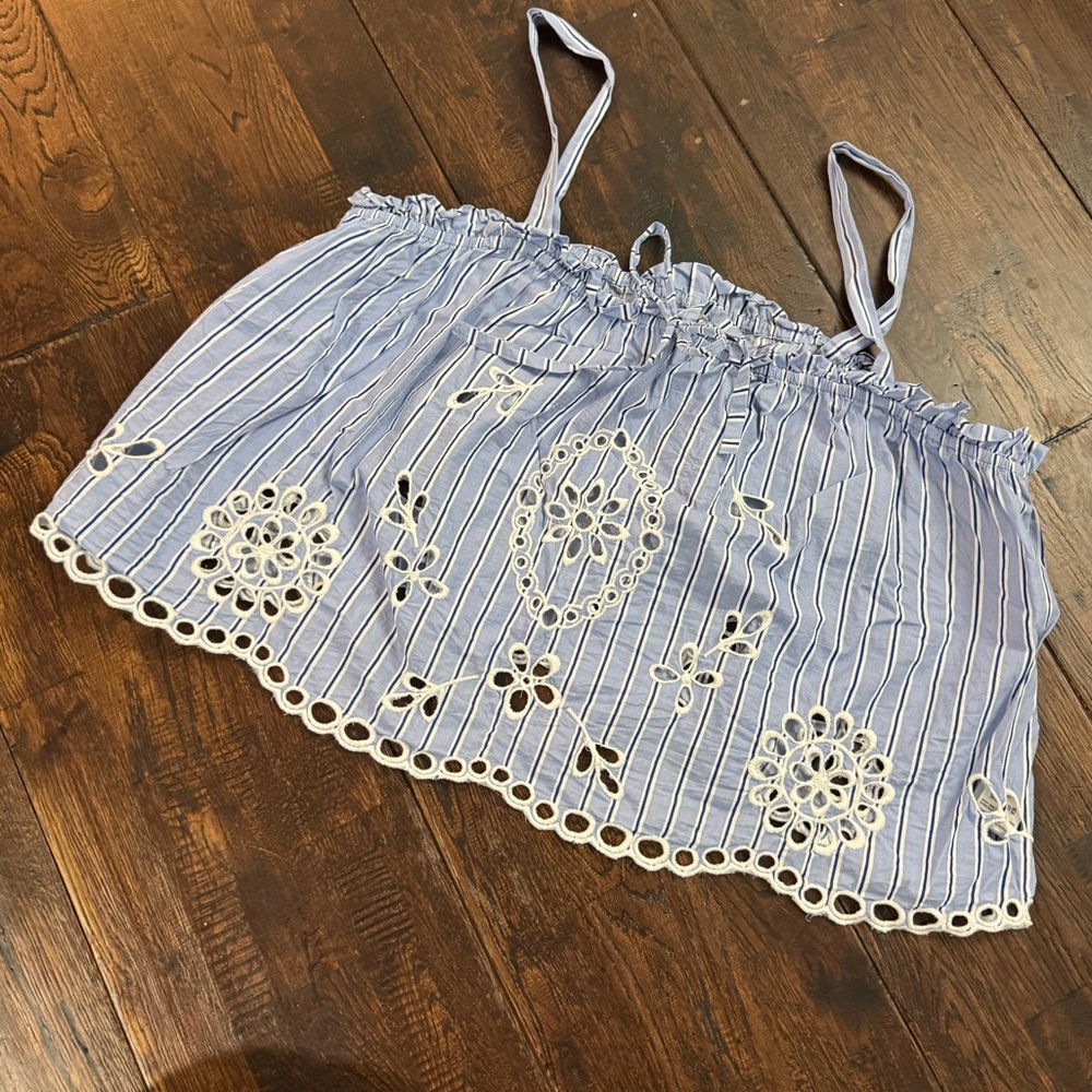 Maeve by Anthropologie Blue and White Striped Embroidered Crop Top Size L